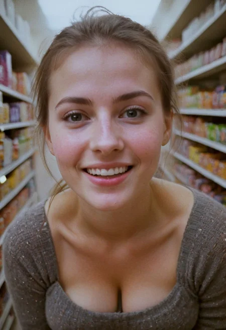 (Soft Lighting Photography by Mimoza Veliu and Mario Giacomelli:1.2), , face and cleavage closeup from above, A beautiful supermarket, a blushed smiling freckled Woman in high wooly stockings and very short skirt standing at a candy shelf on tiptoes, colorful knitted sweater, cleavage, looking up, messy hairbun, infront of the atmospheric led-adverstisment, crepuscular rays, volumetric lighting, ultra detailed, deep Blacks, very detailed, atmospheric haze, Film grain, cinematic film still, shallow depth of field, highly detailed, high budget, cinemascope, moody, epic, OverallDetail, 2000s vintage RAW photo, photorealistic, candid camera, color graded cinematic, eye catchlights, atmospheric lighting, imperfections, natural, shallow dof