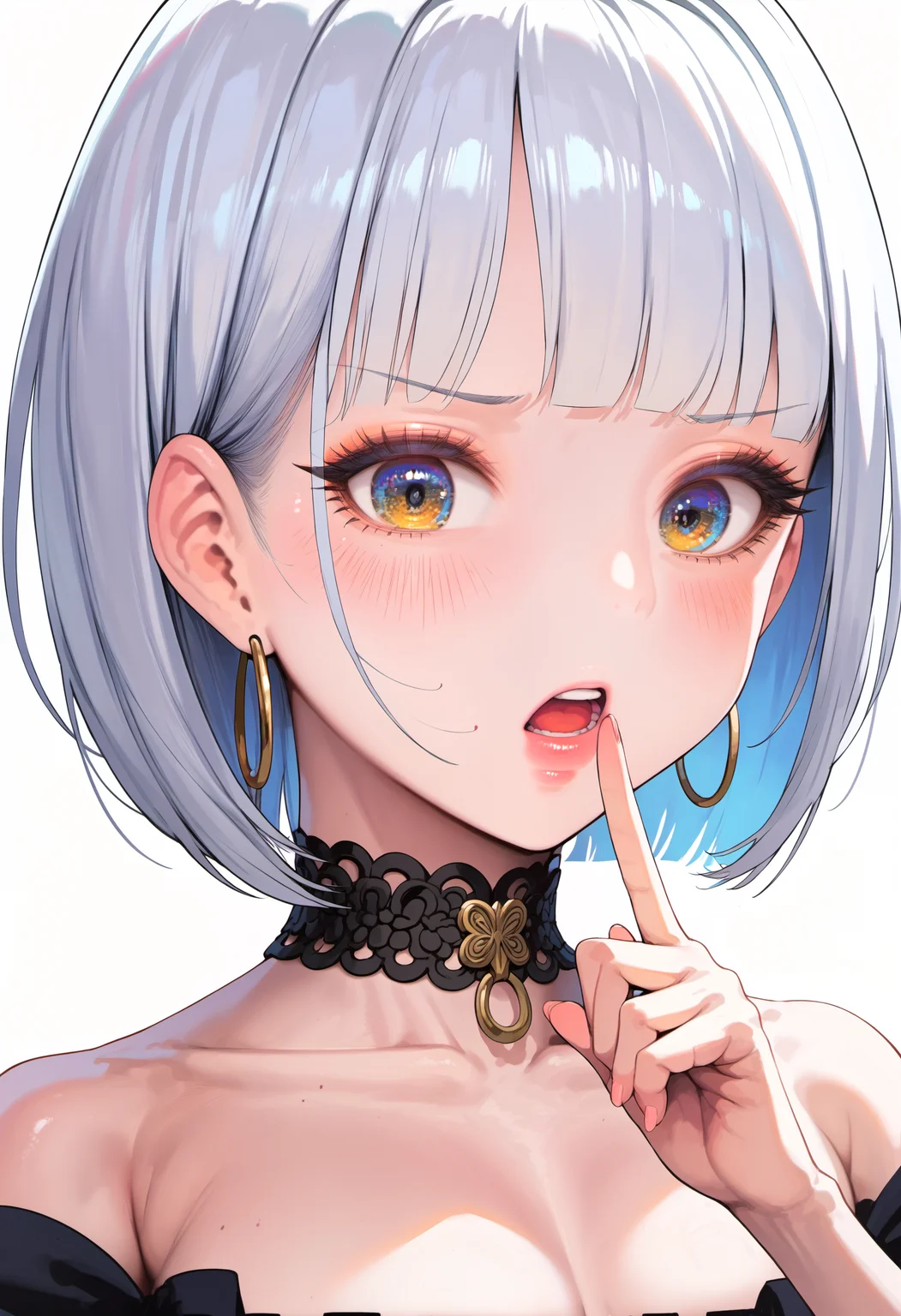 score_9, source_anime, score_8_up, score_7_up, <lora:hyullapony_v4-000014:0.85>,hyullav1,(shushing:1.3),1girl,portrait,looking at viewer,multicolored eyes,white hair, bob cut,choker,blush,hoop earrings,finger to mouth,