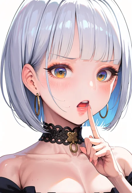 score_9, source_anime, score_8_up, score_7_up, <lora:hyullapony_v4-000014:0.85>,hyullav1,(shushing:1.3),1girl,portrait,looking at viewer,multicolored eyes,white hair, bob cut,choker,blush,hoop earrings,finger to mouth,