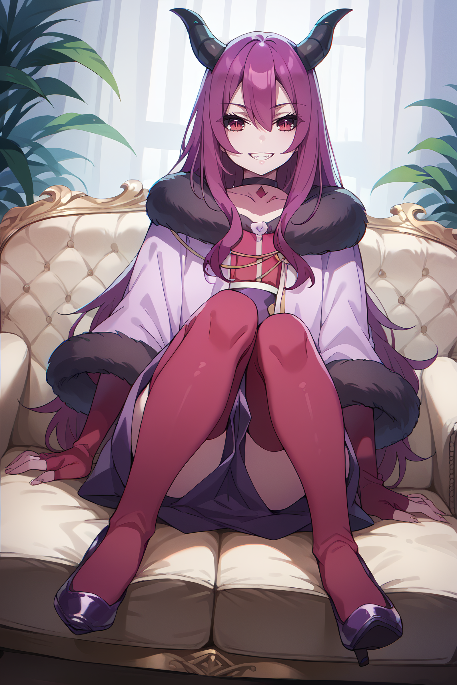 score_9, score_8_up, score_7_up, score_6_up   <lora:dairokuten:1> dairokuten,  fur trimmed, capulet, horns, choker, red shirt, sleeves past wrists, looking at viewer, grin, long purple dress, purple heels, red thighhighs, sitting, couch