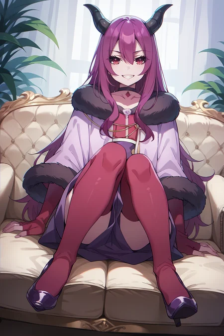 score_9, score_8_up, score_7_up, score_6_up <lora:dairokuten:1> dairokuten, fur trimmed, capulet, horns, choker, red shirt, sleeves past wrists, looking at viewer, grin, long purple dress, purple heels, red thighhighs, sitting, couch