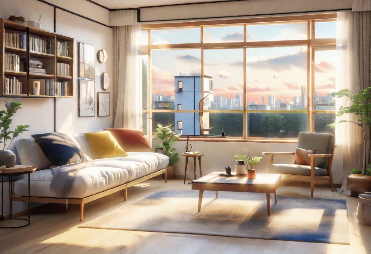 anime-style, modern-style interior, with white walls and large windows, Nordic-style furniture, a  study, Sofa, coffee table, bookcase, single wall, 
warm light morning sun, the view of the city
