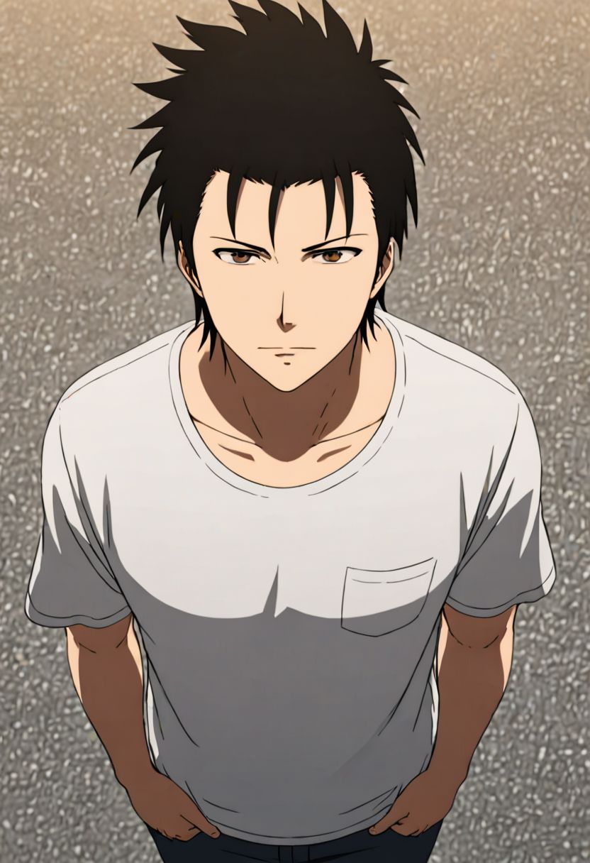 Highres, Masterpiece, High Quality, 4K, 8K, solo, 1Boy, Soujirou Agata, brown eyes, black hair, standing, straight facing upwards, casual, seen from above, arrogant face, dominant, intimidate, easynegative, detailed_eye_model