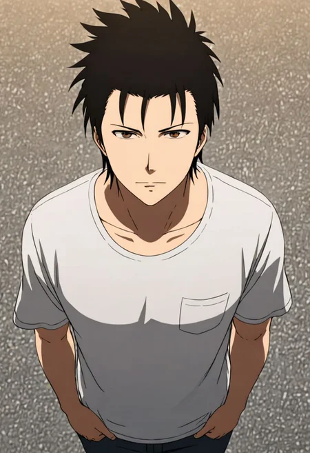 Highres, Masterpiece, High Quality, 4K, 8K, solo, 1Boy, Soujirou Agata, brown eyes, black hair, standing, straight facing upwards, casual, seen from above, arrogant face, dominant, intimidate, easynegative, detailed_eye_model