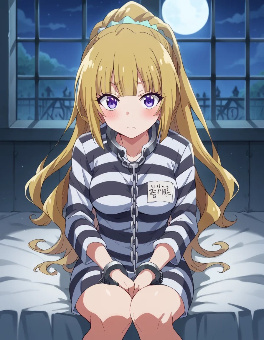 score_9, score_8_up, score_7_up, source_anime, <lora:kei-karuizawa-anime-s2-ponyxl-lora-nochekaiser:1>, kei karuizawa, long hair, bangs, blunt bangs, purple eyes, blonde hair, hair ornament, ponytail, scrunchie, blue scrunchie, medium breasts,, <lora:prison-clothes-ponyxl-lora-nochekaiser:1> prison clothes, prisoner, prison cell, prison, striped shirt, shackles, handcuffs, chain,, sitting, on bed, looking at viewer, blush, night, moon, moonlight, night sky, window, three quarter view, cowboy shot,