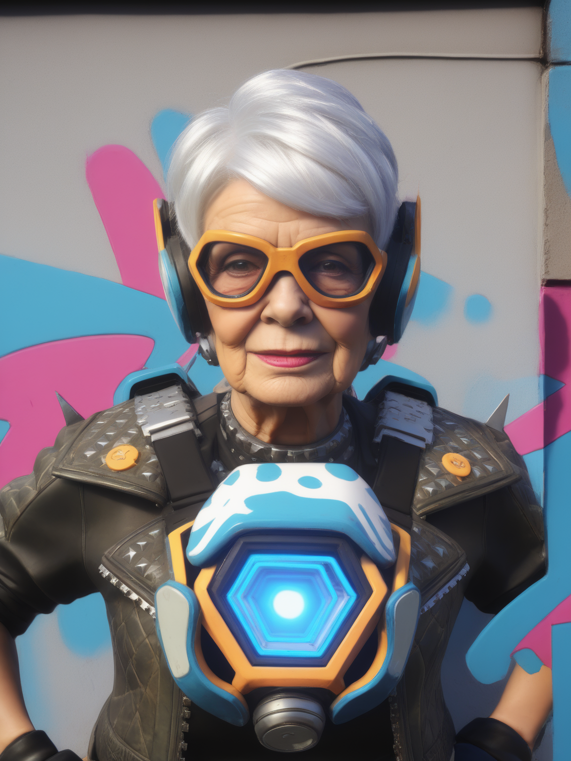 street art photo of a granny dressed as tracer person <lora:overwatch-000006:0.9>, graffiti, urban, vibrant, edgy, spray paint, stencil art, highly detailed