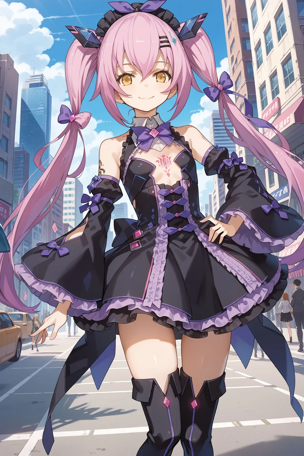 score_max, (score_9, score_8_up, score_7_up:1.0), score_6_up, official art,
masterpiece, absurdres, high detail, 8k,
outdoors, city, street, metropolis, skyscraper, blue sky,
standing, smile,
ddpsaya, long hair, twintails, headdress, hair ornament, hair bow, collar, bowtie, purple bow, gem, black dress, frills, clothing cutout, bare shoulders, detached sleeves, wide sleeves, thigh boots, heels. tattoo,
<lora:XL_Pony_gomaotsu-saya-t2:1.0>