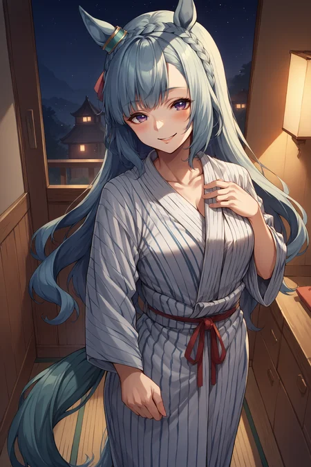 score_9, score_8_up, score_7_up, , rating_general ,1girl , ards, long hair, crown braid, horse ears, ear ornament, horse tail, yukata, dynamic angle , source_anime    ,  cowboy shot, indoors, naughty face, smile, night, indoors, <lora:ArdanPDCAME UMA:1>