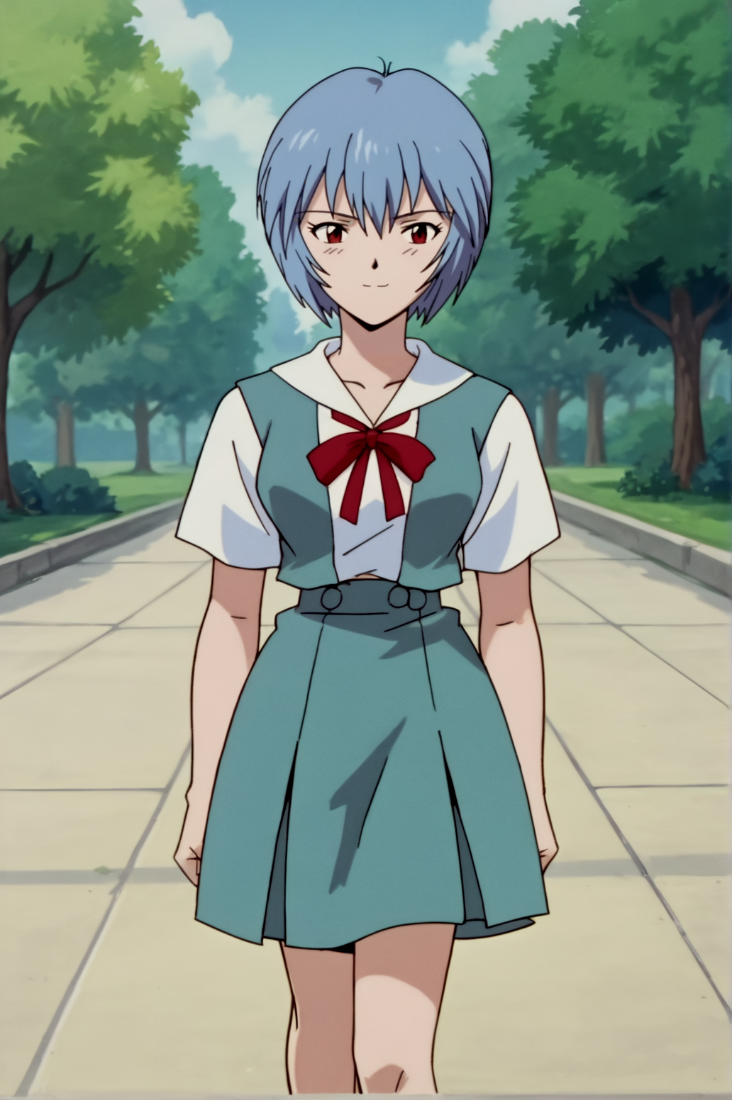 score_9, score_8_up, score_7_up,anime_source, source_anime, best background, detailed background, anime screencap,  Rei Ayanami, School Outfit, solo, dynamic angle, naughty face, dynamic camera, dynamic pose, outdoors, walking,  <lora:JN_Rei_Ayanami:0.8>