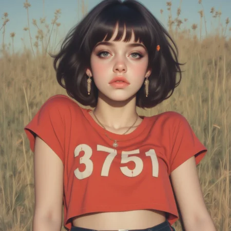 Kayla, 22years old girl cute face,clear skin,shiny hair, black hair, brown eyes, ultra detailed eyes,makeup, head on side, dutch angle, low angle, OBxiaoxiang, blush, eye rolling, half-short cropped red T-shirt with white writing "3751", belly, navel, red leather shorts, black sneakers, white socks, soft peachy cheeks, short cropped red T-shirt, bending, dynamic pose, looking at viewer, female. In the background park sunny day, looking at viewer, sunshine, quality, high quality, photorealistic. Perfect Composition, realistic photographic image, RAW photo highest quality