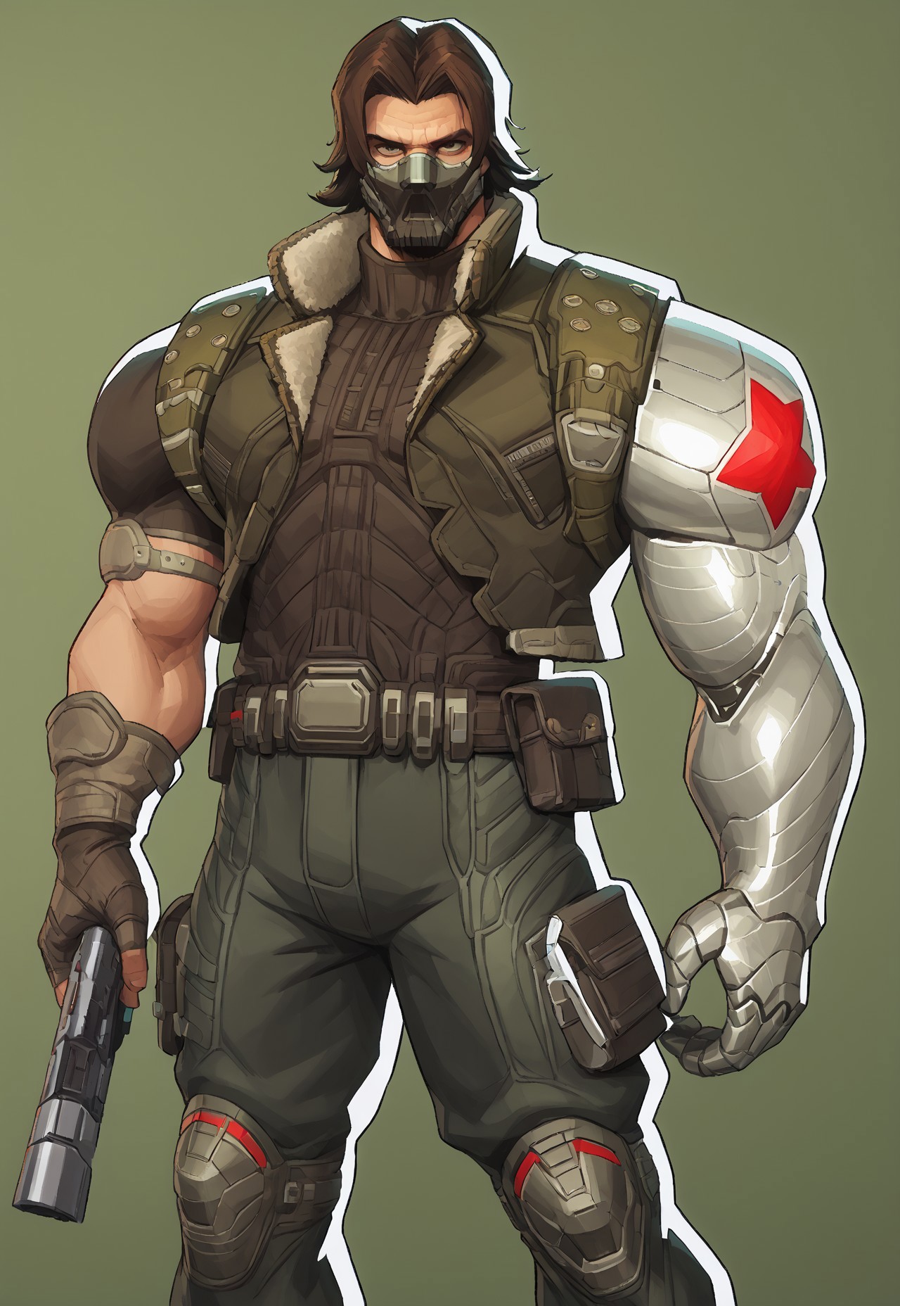 safe_pos, w0lfc0nf, Winter Soldier, brown hair, plain color background, earthy green background, normal angle, mask, muscular, uniform, 1boy, male focus, athletic body, broad shoulders, manly body, thick thighs, perfect anatomy, masterpiece, cool composition, perfect quality, best quality, detailed, newest, very aesthetic, metal arm, metallic arm