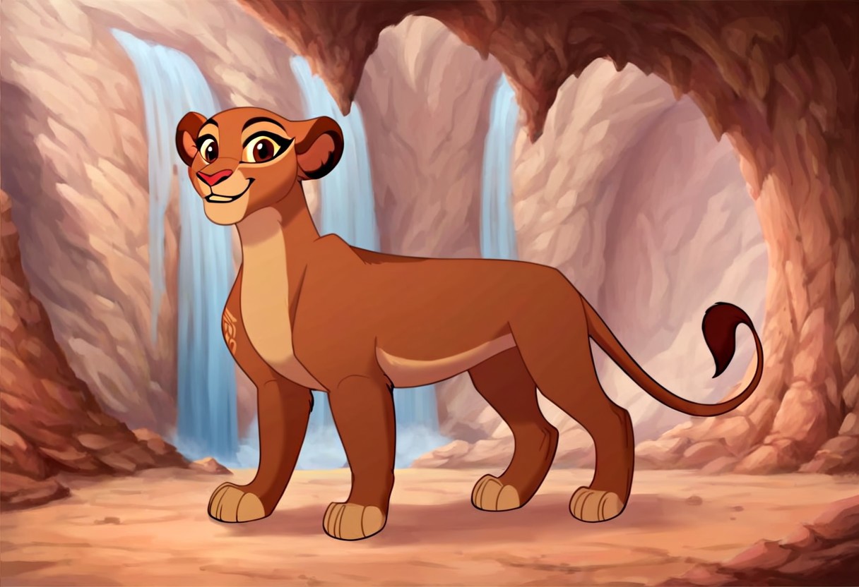 score_9, score_8_up, score_7_up, by solo, rani, lioness, ((feral)), female lion, full body, brown body, reddish brown eyes, smiling, detailed background,  cave, den background, detailed background, front view, adult lioness Rani, queen lioness, feral adult lioness, older lioness, bigger lion, blue paint on forehead,