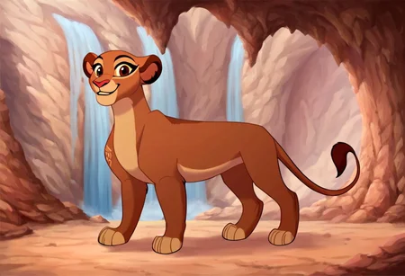 score_9, score_8_up, score_7_up, by solo, rani, lioness, ((feral)), female lion, full body, brown body, reddish brown eyes, smiling, detailed background, cave, den background, detailed background, front view, adult lioness Rani, queen lioness, feral adult lioness, older lioness, bigger lion, blue paint on forehead,