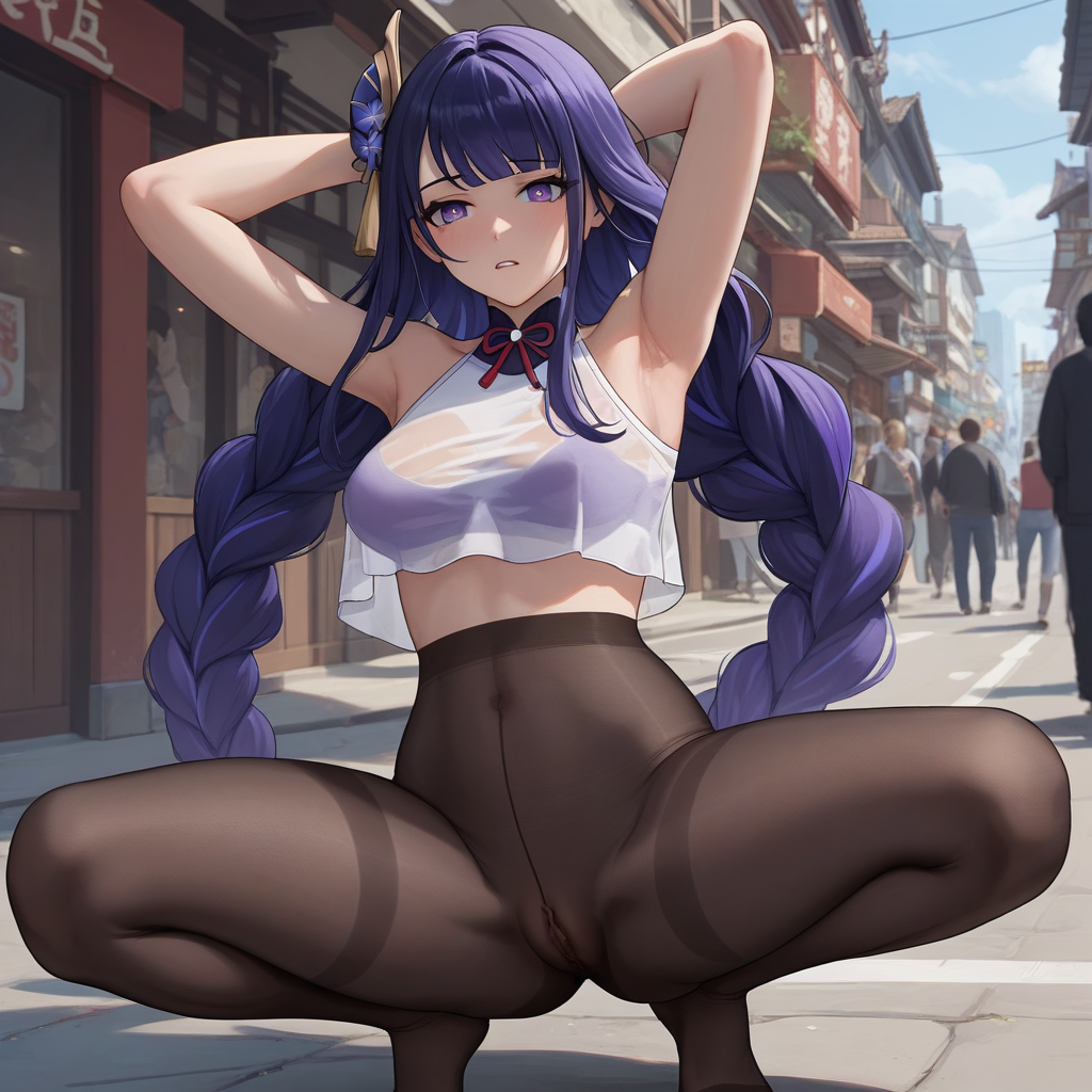 score_9, score_8_up, score_7_up, source_anime, expressive, anime, Artist speedlines, dynamic, 1girl, Raiden Shogun\(Genshin Impact\), squatting, arms behind head, armpit_hair, crop top see-through_legwear pantyhose, see-through, thighband_pantyhose, pantyhose, nudepantyhoseXL, pussy_under_pantyhose, uncensored, pussy, exhibitionism, public, outdoors, sunny, urban