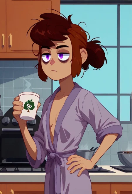 score_9, score_8_up, score_7_up,
1girl solo,female, light brown complexion purple eyes and eye bags, bangs short ponytail, , holding cellphone,tiny_breast, kitchen background, wear only bathrobe nightgown, loose clothes, one hand holding cup of coffee, one hand on hip, perfect hands, bags under eyes, sleepy eyes, messy hair, loose clothes, eyes half close,
perfect hands, perfect anatomy, show accurate,