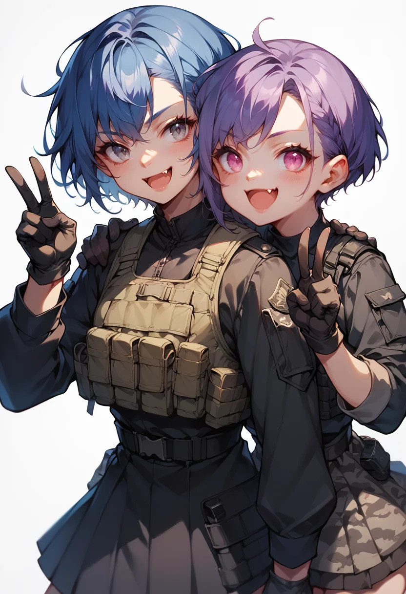 (score_9, score_8_up), score_7_up, 2girls, hand on shoulder, grinning, smiling, blue hair, purple hair, grey eyes, pink eyes, white background, skirt, black uniform, military, black military uniform, black bulletproof vest, (all black attire:1), mouth open, fang, cute, clenched hand, gloves, v sign, dark camouflage, simple background, black shirt
<lora:warcore-000011:0.9>