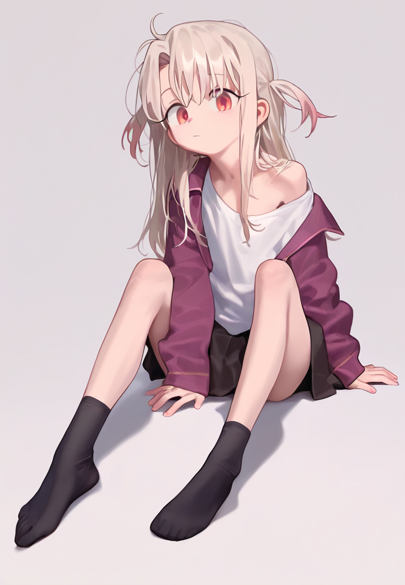 deadpurity, 1girl, solo, illyasviel von einzbern, looking at viewer, simple background, sit, off shoulders, full body, no shoes, white background, masterpiece, best quality,  absurdres  <lora:deadpurity_dim32-000048:1>