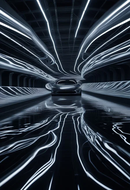 A racetrack suspended in the void, where vehicles of pure latex-chrome bodies slice through the air at impossible speeds, leaving behind trails of prismatic, liquid reflections that persist for seconds before collapsing into glowing vapor. The track itself isn’t a solid structure but a shifting, serpentine ribbon of pulsating, liquid-metal energy, constantly reforming itself based on the racers’ movements. Above, massive, golden gears of unknown origin rotate silently, as if controlling the very fabric of time itself. The drivers? Holographic specters clad in sleek, second-skin bodysuits that pulse with embedded constellations, each movement distorting space like ripples in a gravity field. Every race ends the same way: a final, blinding flash of chrome light, and the entire track dissolves—resetting, waiting for the next cycle to begin.