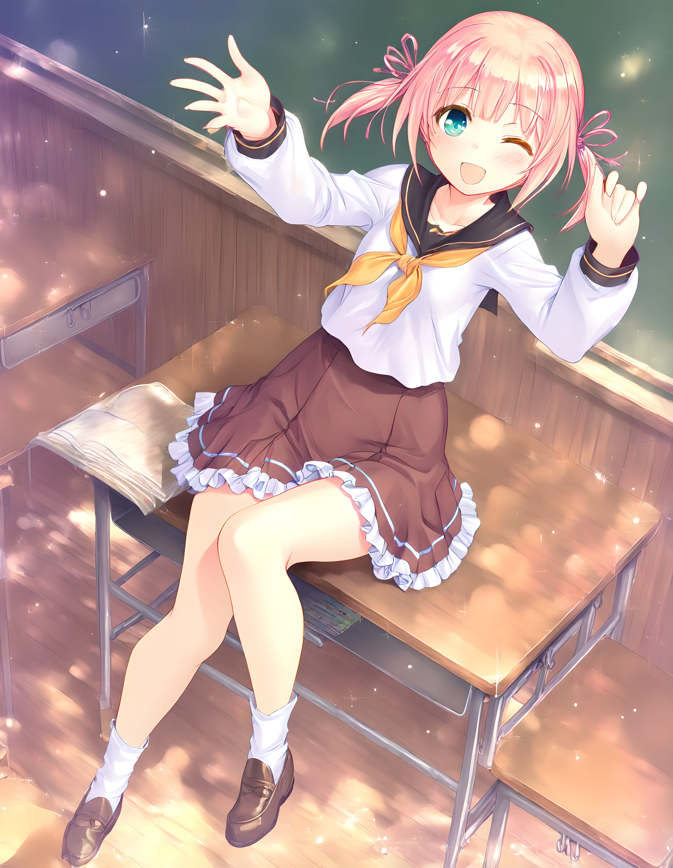 <lora:illustrious_XL_chris:0.9>,chris,masterpiece,best quality,good quality,1girl,solo,school uniform,serafuku,black sailor collar,long sleeves,white shirt,yellow neckerchief,brown skirt,frilled skirt,pleated skirt,white socks,loafers,brown footwear,looking at viewer,full body,smile,;d,blush,open mouth,fantasy world,classroom,sitting_on_desk,