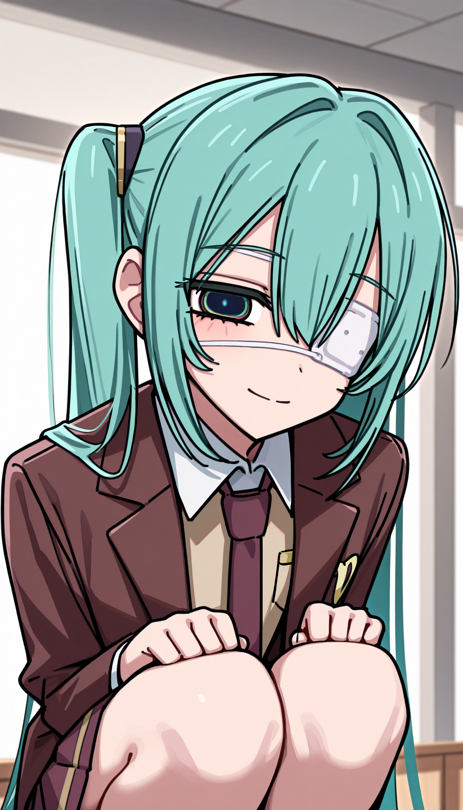 1girl, hatsune miku, hmmonitoring, solo, very long aqua hair, twintails, bangs, hair between eyes, medical eyepatch, brown school uniform, collared shirt, necktie, jacket, open jacket, long sleeves, pleated skirt,
indoors, upper body, light smile, squatting,
rating safe, caststation illu,
masterpiece, best quality, amazing quality, highres, newest,  <lora:caststation_illustration:1.0> <lora:Hatsune_Miku_Monitoring:1.0>