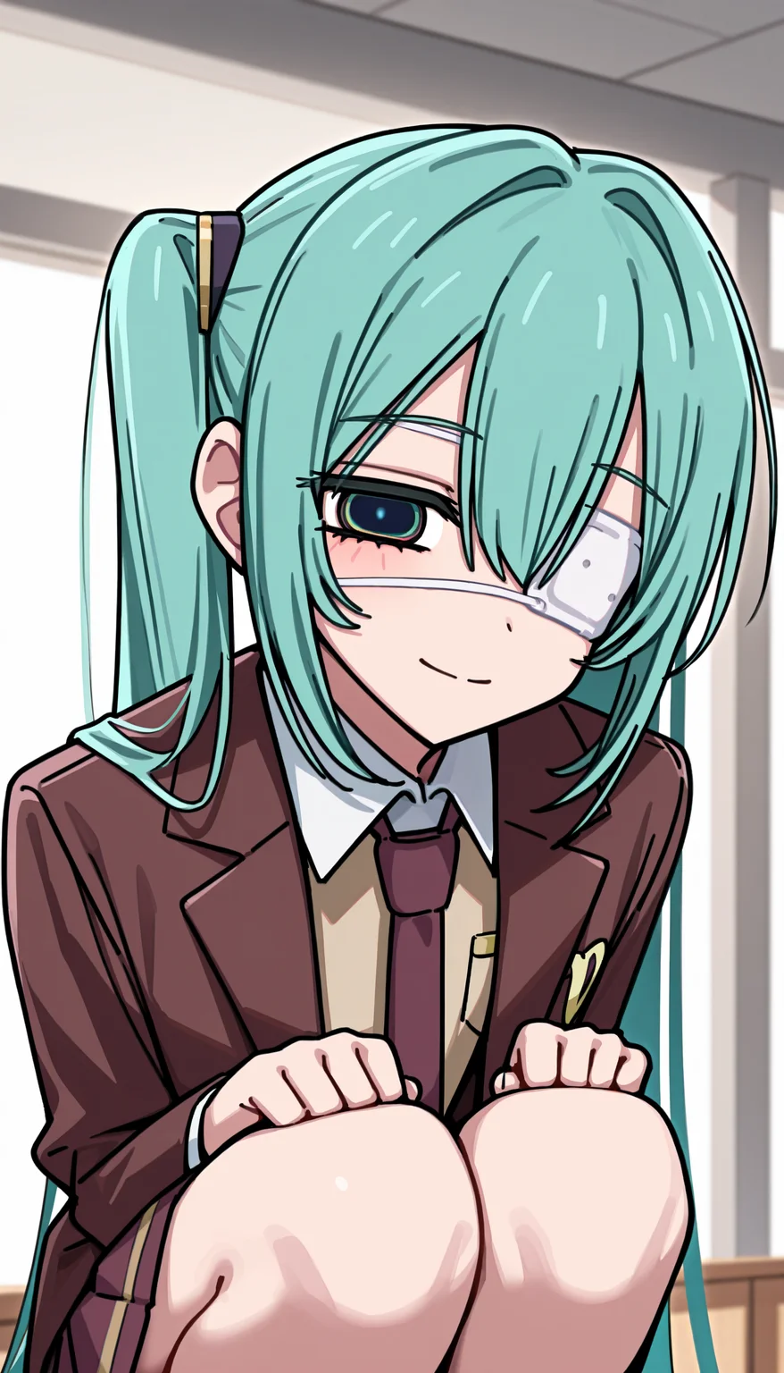 1girl, hatsune miku, hmmonitoring, solo, very long aqua hair, twintails, bangs, hair between eyes, medical eyepatch, brown school uniform, collared shirt, necktie, jacket, open jacket, long sleeves, pleated skirt,
indoors, upper body, light smile, squatting,
rating safe, caststation illu,
masterpiece, best quality, amazing quality, highres, newest,  <lora:caststation_illustration:1.0> <lora:Hatsune_Miku_Monitoring:1.0>