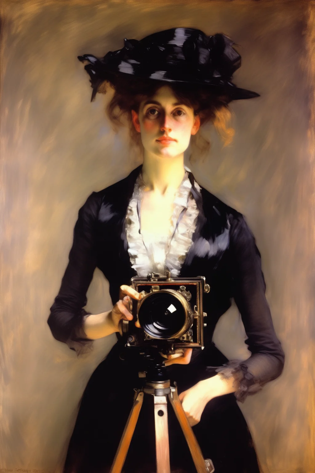 <lora:William Merritt Chase Style:1>William Merritt Chase Style - John Singer Sargent portrait of a lady photographer