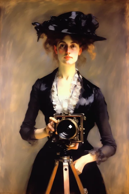 <lora:William Merritt Chase Style:1>William Merritt Chase Style - John Singer Sargent portrait of a lady photographer