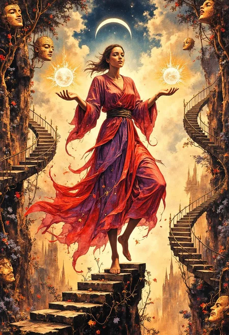 A whimsical yet mischievous scene rendered in a modern Art Nouveau style, capturing the enchanting narrative of illusion and deception with vibrant, dynamic imagery. The composition is infused with playful elegance and surreal mystery, blending flowing, organic lines with intricate, decorative patterns that dance around the central figure, creating an atmosphere of wonder and uncertainty.
At the center of the scene is a figure with a lithe, nimble form, poised in a playful, acrobatic stance that exudes agility and grace. They are balanced precariously on one foot atop a narrow, crumbling ledge that juts out into the swirling chaos of the background. Their body leans forward with a poised, graceful arch, as if ready to leap into the unknown at any moment. Their posture is dynamic and fluid, capturing a sense of motion and spontaneity, emphasizing their mischievous, unpredictable nature.
The figure’s face is concealed behind a theatrical mask with a wide, crooked smile that stretches unnaturally across its surface. The mask is painted in bright, vibrant colors—gleaming golds, rich purples, and deep scarlets—adorned with swirling patterns and delicate, shimmering accents. The exaggerated, curved smile gives the mask an eerie, playful appearance, enhancing the sense of trickery and deception. The mask’s hollow eyes are dark and shadowed, giving no hint of the true face beneath, adding an air of mystery and intrigue.
They are dressed in a flowing, multicolored robe that billows around them with a life of its own, swirling and twisting as if caught in an invisible breeze. The robe is impossibly light and fluid, crafted from shimmering fabric that reflects light in rippling waves, creating an illusion of constant motion. The swirling patterns on the robe are intricate and hypnotic, painted in vibrant shades of red, purple, and gold that blend seamlessly into one another, enhancing the surreal, whimsical ambiance. The edges of the robe are adorned with delicate gold thread, glistening faintly as the fabric twists and curls through the air.
In their hands, they juggle glowing orbs of light that pulse and flicker with an ethereal, otherworldly glow. The orbs are perfectly spherical, their surfaces swirling with shimmering, golden mist that twists and spirals hypnotically within the transparent spheres. The light emitted by the orbs is soft and mesmerizing, casting faint, shifting reflections on the figure’s robe and the swirling chaos of the background. Each orb represents illusion and deception, their delicate, shimmering light contrasting beautifully with the vibrant colors around them.
The background is a fantastical world of chaos and surreal wonder, painted in swirling hues of red, purple, and gold that flow and twist in mesmerizing, fluid patterns. Shifting staircases spiral through the air, twisting and contorting into impossible shapes, their steps leading nowhere. The staircases are adorned with delicate carvings and gilded railings, their ornate designs enhanced by the swirling colors that cascade around them. Mirrored pathways intersect and spiral outward, reflecting distorted images of the figure and the glowing orbs, enhancing the sense of illusion and uncertainty.
The vibrant colors of the background are bold and dynamic, blending seamlessly into one another with soft gradients and flowing brushstrokes that create a dreamlike, hypnotic effect. The swirling patterns dance and shift fluidly, forming swirling vortexes and spiraling tendrils that weave through the air, adding to the sense of chaos and enchantment. The vibrant hues are enhanced with delicate, shimmering highlights that give the swirling colors a luminous, otherworldly glow.
Above the figure, a crescent moon hangs upside down, its delicate, curved edges gleaming softly with an eerie, playful light. The moon is painted in a pale, silvery gold, its surface adorned with delicate, swirling patterns that twist around its edges. The upside-down position of the crescent moon enhances the surreal, whimsical atmosphere, suggesting a world turned upside down, ruled by illusion and trickery. The soft, silvery light from the moon diffuses gently through the swirling colors, casting a delicate, ethereal glow over the scene.
The intricate border of the scene is adorned with twisting vines and delicate, flowing patterns that spiral gracefully around the edges. The vines are painted in soft, golden hues, their delicate leaves shimmering with faint, iridescent highlights. Interwoven among the vines are theatrical masks, each one smiling differently, their exaggerated, crooked smiles hinting at the ever-changing nature of the Trickster. The masks are intricately detailed, painted in vibrant colors with shimmering gold accents, their hollow eyes reflecting the mischievous light of the glowing orbs.
The lighting is soft and atmospheric, blending warm golden hues with cool purples and deep scarlets to create a vibrant, dynamic ambiance. The soft, glowing light from the orbs and the crescent moon enhances the whimsical, otherworldly atmosphere, casting delicate highlights on the swirling patterns and flowing robes. The shadows are rich and fluid, flowing seamlessly into the swirling colors, enhancing the fluid, harmonious composition.
The color palette is bold and dynamic, dominated by vibrant reds, purples, and golds that swirl and twist in mesmerizing patterns. The rich, vibrant hues contrast beautifully with the soft, ethereal glow of the orbs and the delicate, shimmering highlights on the figure’s robe. The flowing watercolor washes and delicate gradients enhance the impressionistic, dreamlike quality of the painting, capturing the fluid, ever-changing nature of illusion and trickery.
This modern Art Nouveau styled painting is a masterful blend of whimsical elegance, surreal mystery, and vibrant, dynamic movement. It captures the playful, mischievous nature of illusion and deception, embodying the enchanting power of the Trickster. Every element, from the glowing orbs to the swirling staircases, contributes to the whimsical, hypnotic narrative of chaos, enchantment, and the ever-changing dance of reality and illusion.