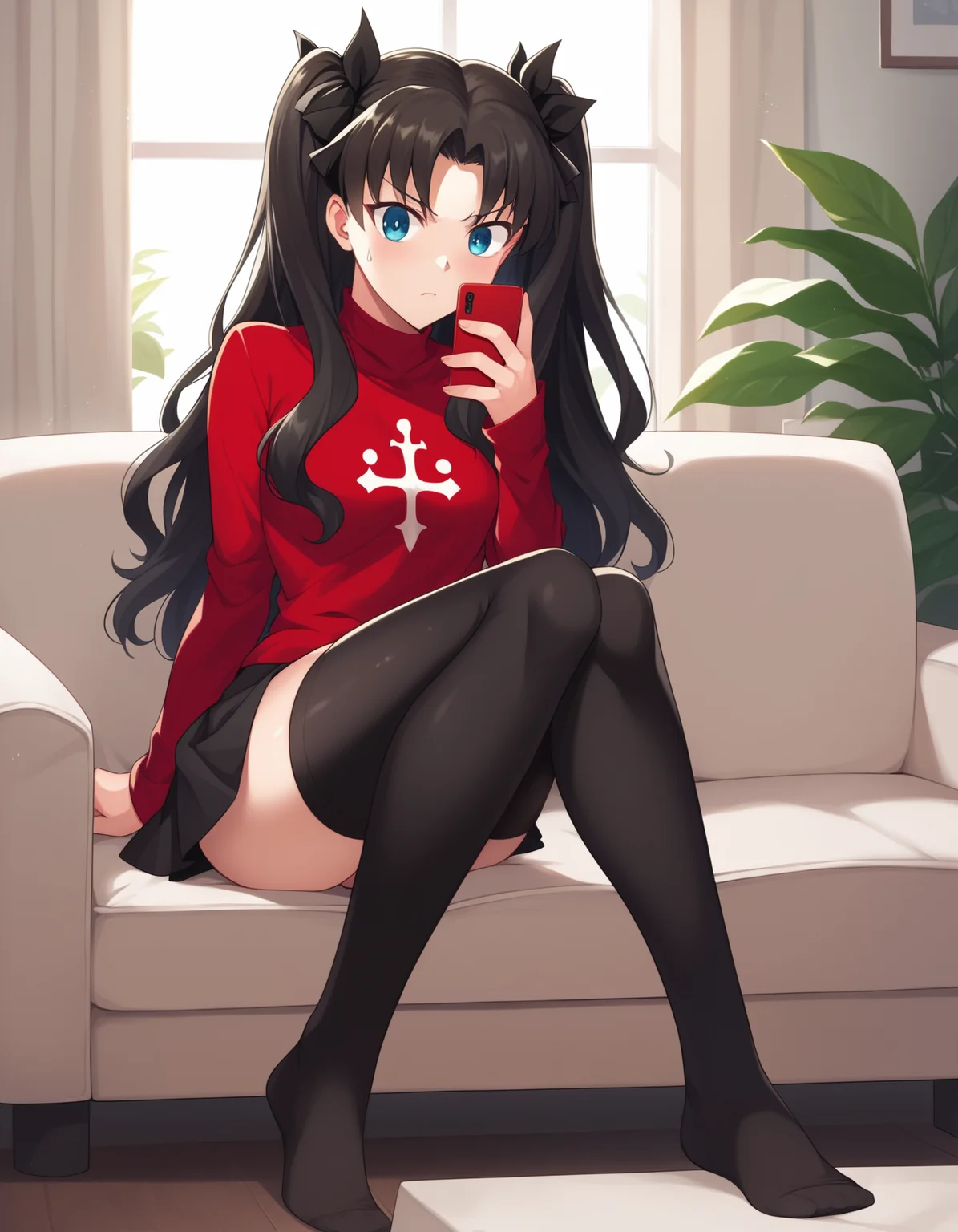 score_9, score_8_up, score_7_up, score_6_up, score_5_up, score_4_up, source_anime,
1girl, solo, tohsaka rin, red turtleneck, black skirt, thighhighs, zettai ryouiki, living room, sofa, sitting, looking at phone, surprised, annoyed, sweatdrop, plant