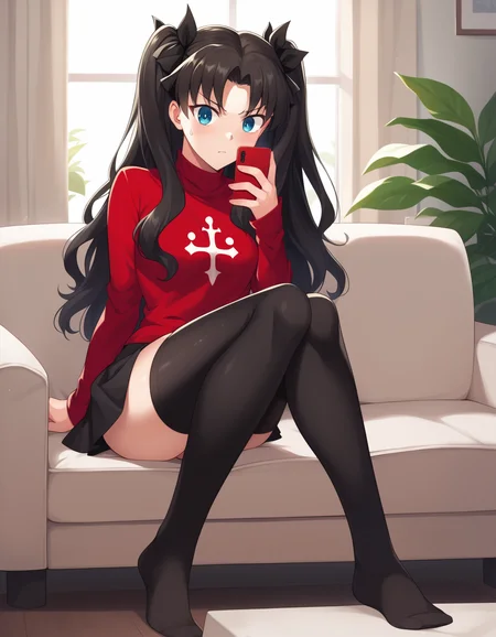 score_9, score_8_up, score_7_up, score_6_up, score_5_up, score_4_up, source_anime,
1girl, solo, tohsaka rin, red turtleneck, black skirt, thighhighs, zettai ryouiki, living room, sofa, sitting, looking at phone, surprised, annoyed, sweatdrop, plant