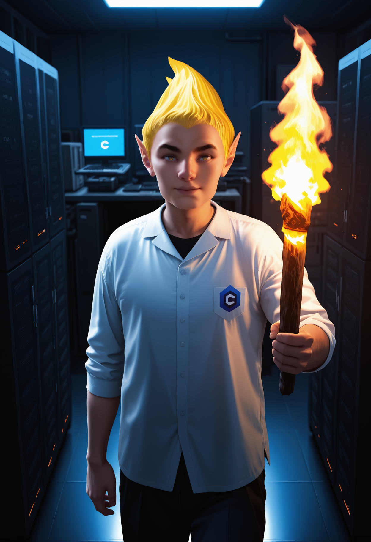 masterpiece, best quality, amazing quality, <lora:adoringFan_illustrious_byJaneB:0.9>,  byazura, ,  shirt with civitailogo , 1boy,  , <lora:civitlogoIllustrious:0.8> , server room, , servers, computers, holding torch