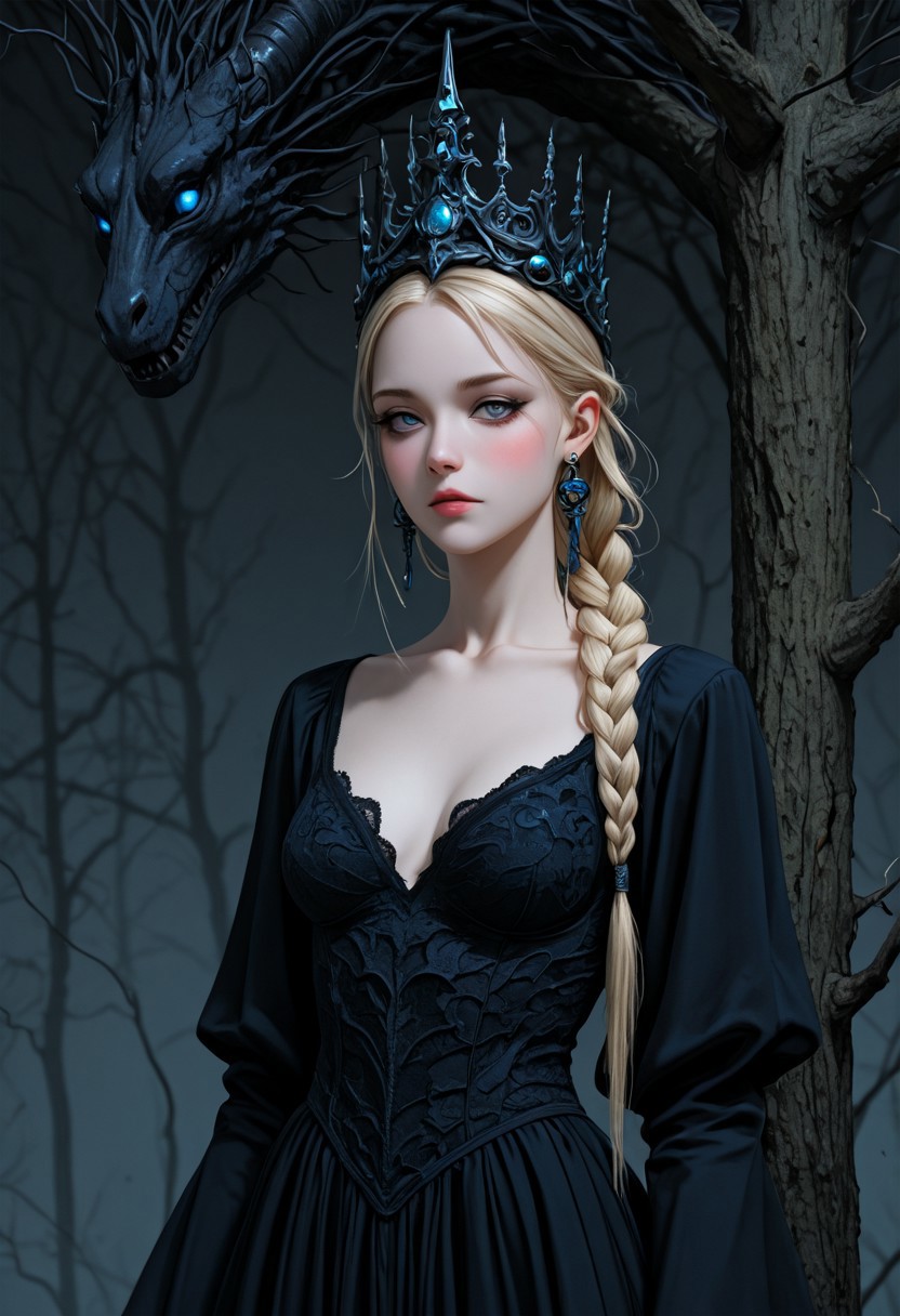 cowboy shot, dutch angle, depth of field, soft luminescent glow, 
 masterpiece, best quality, amazing quality, very aesthetic,  realistic, detailed texture, highly detailed,
chiaroscuro, vignetting, upper_body,
woman, regal, long_hair, pale_skin, blush, looking_at_viewer, blue_eyes, blonde_hair, complex braid, medium_breasts, jewelry, closed_mouth, collarbone,  earrings, white_hair, narrowed_eyes, grey_eyes, eyelashes, makeup, expressionless, black steel crown, forehead, black dress, layered, lace, fantastic, royalty, severe,
 tree, 
fantasy setting, simple_background,  grey_background, original, 
 STP-Illu