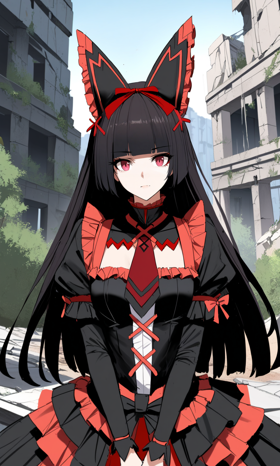 1girl, rorymercury, black dress, frilled dress, frills, 
upper body, straight-on, 
outdoors, ruins, 
masterpiece, best quality, very aesthetic, absurdres, by dishwasher1910, 
<lora:RoryMercury_xl:1>