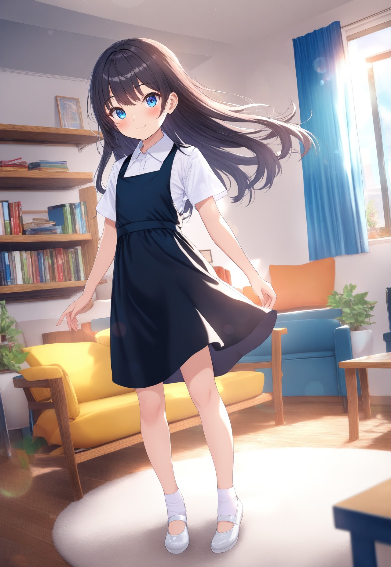 masterpiece, best quality,amazing quality,(1girl), solo,(depth of field),(solo focus),8K,HDR,(ultra high res),(highres),(full body),(lens flare),smile,blush,(black hair),(long hair),(blue eyes),(floating hair), sidelocks,(malaysian secondary school uniform),(pinafore dress),(black skirt),(black pinafore),(collared shirt),(white shirt),(short sleeves),(white socks),(short socks),(white footwear),(ballet flat),(indoors),(curtain),(room),(carpet),(couch),(vase),(window),(shelf),(table),(standing),(looking at viewer),child