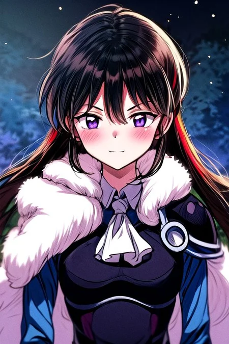 masterpiece, best quality 1girl Setsun4 solo long hair, (night time) forest background black hair very long hair purple eyes multicolored hair armor (fur trim) (medium body),<lora:EMS-179-EMS:0.800000>,<lora:EMS-293862-EMS:0.800000> bow, hair_bow, hair_tubes, red_bow, brown_hair, long_hair, bangs, ascot, frilled_bow, yellow_ascot, blush, smile, hair_between_eyes, athletic, armor