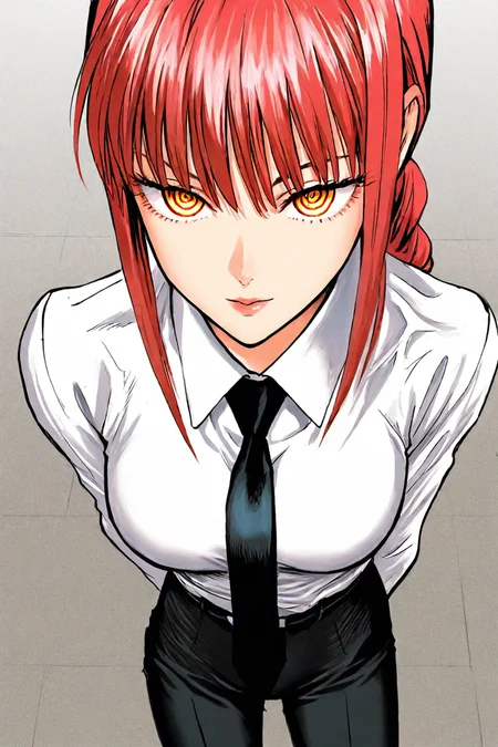 <lora:mak1ma0XL_Pony_v1:0.6> , mak1ma0, makima, red hair, long hair, ringed eyes, braid, white collared shirt,black necktie, black pants, 1girl, solo, alone,<lora:yusuke_murata_style_illustriousXL:1>, yusuke_murata_style, masterpiece, highres