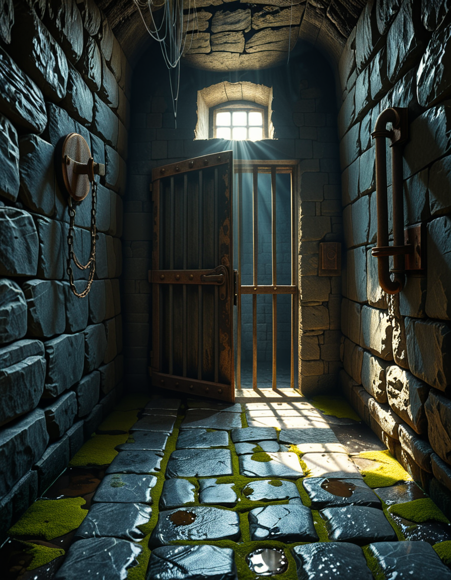 A highly detailed, hyper-realistic photograph of a dark medieval dungeon prison cell. The scene is dimly lit by a single flickering torch mounted on a damp stone wall, casting eerie shadows across the rough, moss-covered stones. Heavy, rusted iron bars form the cell door, slightly ajar, with visible corrosion and ancient padlocks. Inside the cell, there is a straw-covered floor, old wooden buckets, and a crude, splintered wooden bench against the back wall. Chains and manacles hang loosely from the walls, showing signs of long-term use. The atmosphere is cold, humid, and oppressive, with faint light rays piercing through tiny cracks in the stone ceiling. Cobwebs stretch across the corners of the cell, and faint water drips from above, creating small puddles. The overall mood is grim, desolate, and foreboding. Photorealistic style, with high dynamic range (HDR) lighting and extreme attention to textures like rust, moisture, and decay.
<lora:SDXLFaeTastic2400:0.4> <lora:extremely_detailed:0.4> extremely detailed,<lora:medieval_dungeon_pr1s0n_c3ll:1>,medieval dungeon pr1s0n c3ll, Masterpiece,best quality,hi res,8k,hi res,8k,award winning,(sharp focus, intricate, highly detailed),