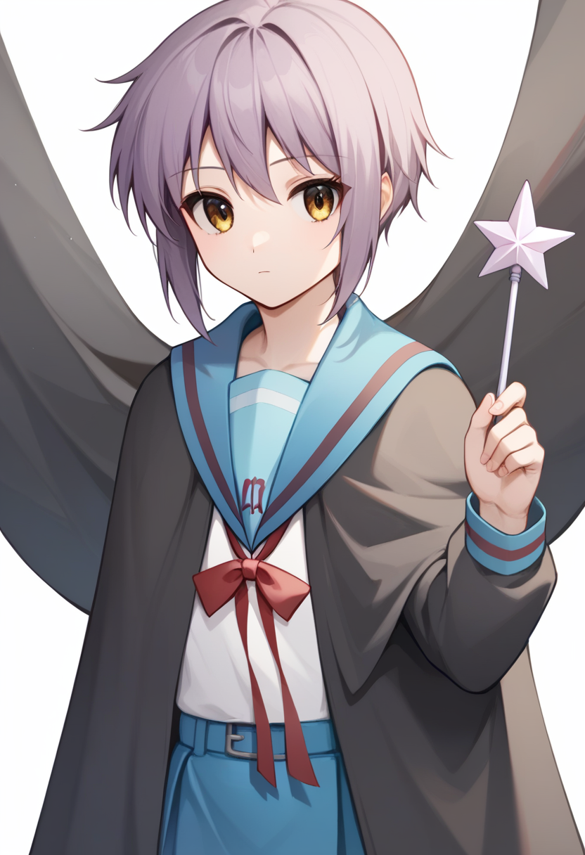 score_9,score_8_up,score_7_up,ra,nagato_yuki,star_wand,simple_background,red_ribbon,winter_uniform,kita_high_school_uniform,long_sleeves,highres,serafuku,blue_skirt,solo,absurdres,commentary_request,blue_sailor_collar,black_cloak,expressionless,1girl,white_background,holding_wand,closed_mouth,<lora:nagato_yuki_pony:1>,
