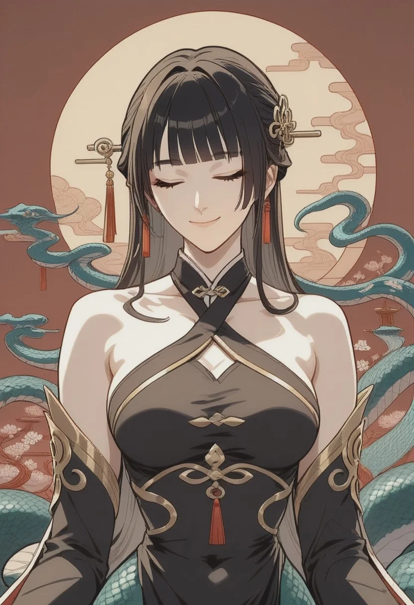 score_9,score_8_up,score_7_up,source_anime,LINGSHA_(NVWA),1girl,solo,breasts,smile,hair ornament,dress,closed mouth,bare shoulders,upper body,closed eyes,detached sleeves,black dress,chinese clothes,facing viewer,MONSTER_GIRL,LAMIA,