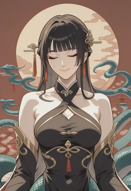 score_9,score_8_up,score_7_up,source_anime,LINGSHA_(NVWA),1girl,solo,breasts,smile,hair ornament,dress,closed mouth,bare shoulders,upper body,closed eyes,detached sleeves,black dress,chinese clothes,facing viewer,MONSTER_GIRL,LAMIA,