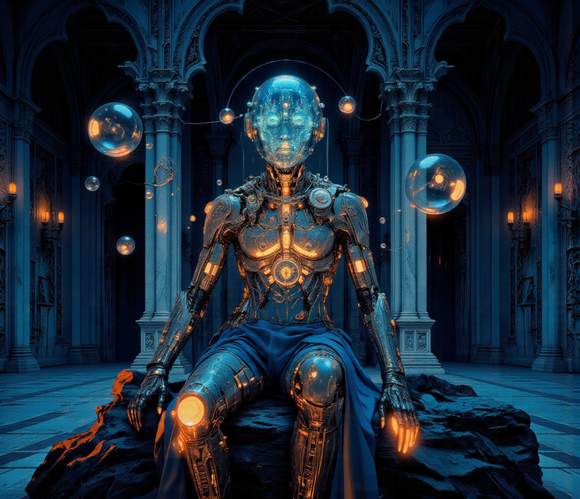 line art drawing anime artwork professional 3d model cinematic film still <lora:lora-10122.TA_trained:1>ancient holograms, glowing control panels, quantum circuits, floating holographic UI, AI-powered constructs, intricate clockwork mechanisms, metallic engraving details..This image is a highly detailed CGI illustration in a fantastical, steampunk style. The central figure is a humanoid robot with a sleek, metallic blue and gold body adorned with intricate mechanical details and glowing orange circuitry. The robot's head is encased in a transparent, bubble-like helmet, adding to its futuristic appearance. It is dressed in ornate, Victorian-inspired attire with a corset-like chest piece, knee-high boots, and intricate gauntlets on its arms.
The robot is seated on a rocky outcropping in a grand, gothic-style room bathed in a deep blue light. The background is rich with elaborate, ornate architectural elements, including columns, arches, and intricate carvings, all in shades of blue and gold, which create a sense of grandeur and mystery. The room is illuminated by warm, glowing orbs, casting an ethereal glow that highlights the robot's intricate details and adds depth to the scene. The floor and walls are covered in a textured, metallic material that enhances the steampunk aesthetic. The overall atmosphere is one of both elegance and technological advancement, blending elements of fantasy and science fiction in a visually striking and immersive manner. . shallow depth of field, vignette, highly detailed, high budget, bokeh, cinemascope, moody, epic, gorgeous, film grain, grainy . octane render, highly detailed, volumetric, dramatic lighting . anime style, key visual, vibrant, studio anime,  highly detailed . professional, sleek, modern, minimalist, graphic, line art, vector graphics