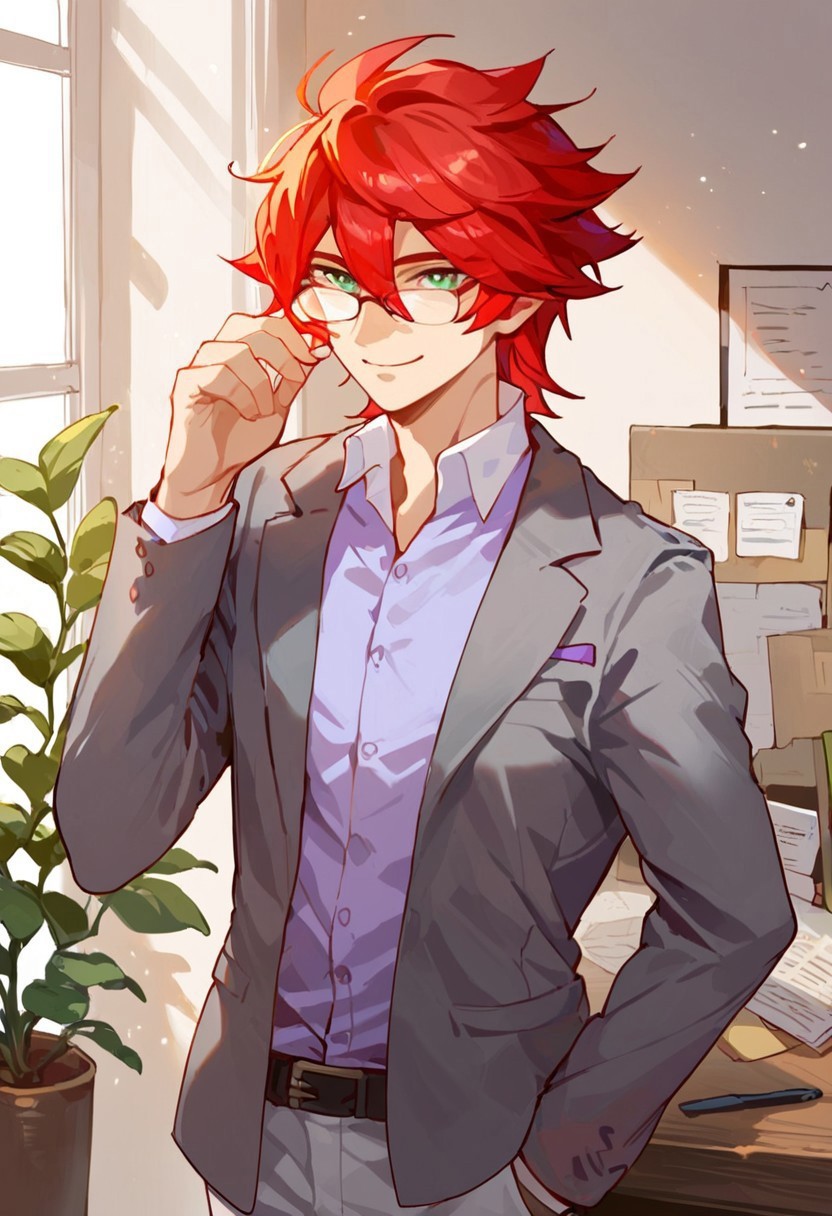 score_9_up, score_8_up, score_7_up, source_anime, extreme detail description, 1boy, solo, hiroto_ie, red hair, green eyes, eyewear, purple shirt, gray coat, white pants, smile, closed mouth, hand in pocket, leaning on table, office, office background, window, light filtering through the window, expressiveh