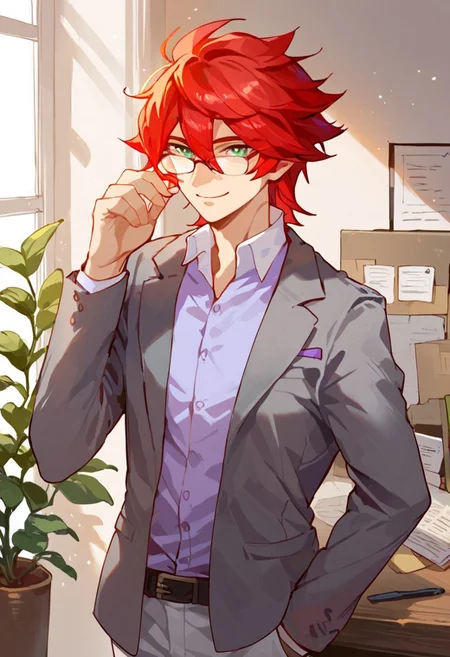 score_9_up, score_8_up, score_7_up, source_anime, extreme detail description, 1boy, solo, hiroto_ie, red hair, green eyes, eyewear, purple shirt, gray coat, white pants, smile, closed mouth, hand in pocket, leaning on table, office, office background, window, light filtering through the window, expressiveh