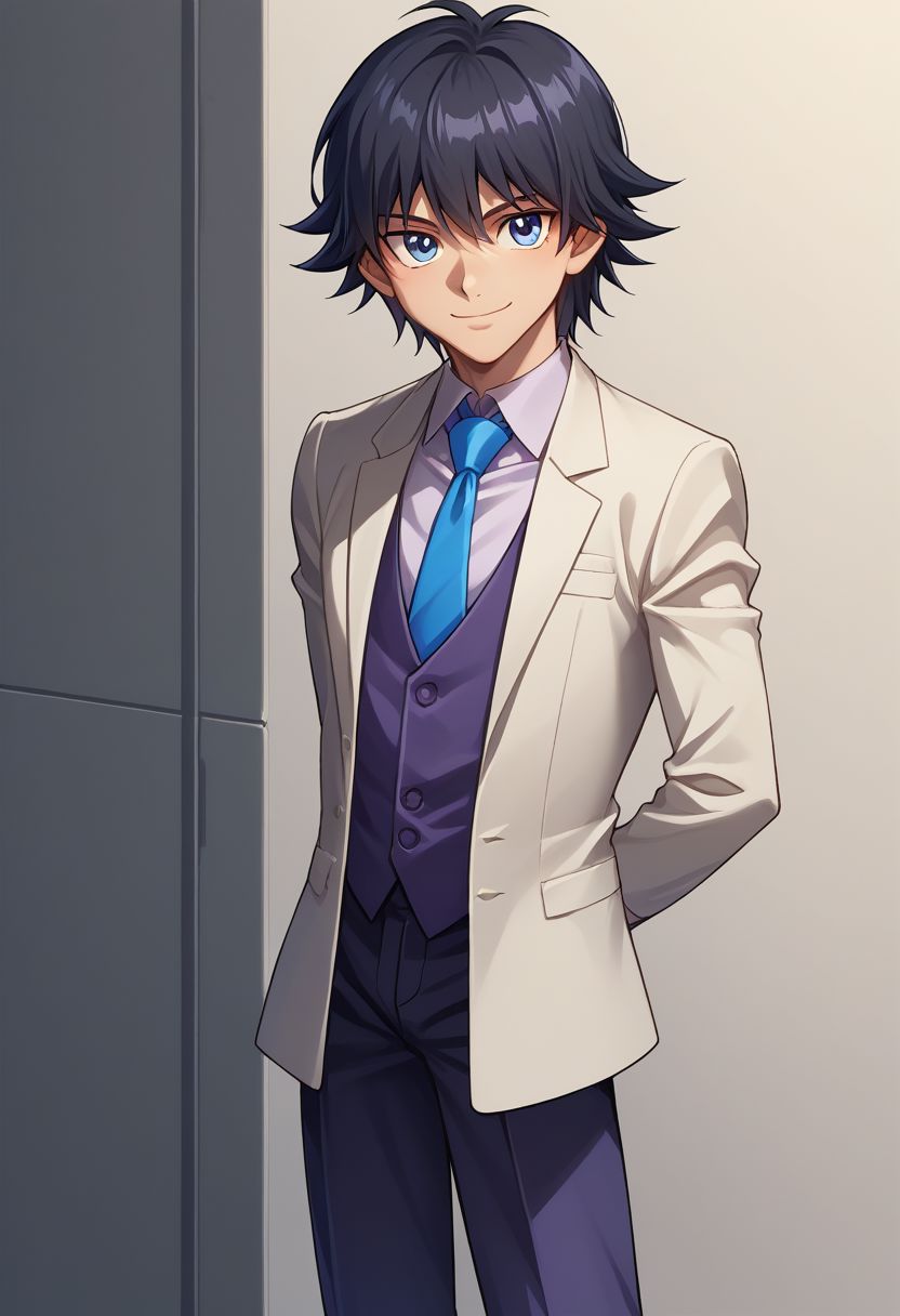 score_9, score_8_up, score_7_up, source_anime, highly detailed,
mokuba, solo, necktie, suit, formal, blue eyes, male focus, 1boy, pants smile, arms behind back, reverse trap, black hair
inside,