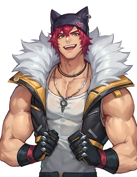score_9, score_8_up, score_7_up, <lora:Heartsteel_Sett2:0.75>, hs sett, solo, green eyes, gloves, 1boy, jewelry, jacket, upper body, male focus, red hair, sleeveless, black gloves, necklace, fur trim, muscular, pectorals, muscular male, animal ears, black headwear, animal hat, white tank top, smile, upper teeth