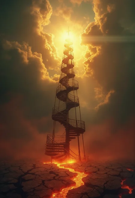 a captivating low-angle image that showcases a masterpiece of art. An endlessly tall gothic spiral staircase reaching all the way up towards the heavens is seen in the center. The scene is set against a backdrop of a breathtaking cloudscape. Below the sky, cracked ground appears like a hellscape with infernal light coming from beneath the cracks like glowing lava. The spiraling staircase is made from a black metal and glowing hot at the bottom where it connects with the magmatic ground. The sky is filled with golden god rays reminiscent of a celestial paradise out of reach, creating an eerie atmosphere. The overall color palette is dominated by the warm red and orange hues at the bottom and the cool yellows at the top.