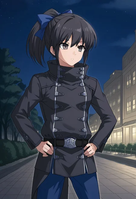 1girl, solo, udouharukakisei, black hair, ponytail, black eyes, hair bow, blue bow, black coat, high collar, hands on hips, black belt, blue pants, standing, outdoors, city, night, park,