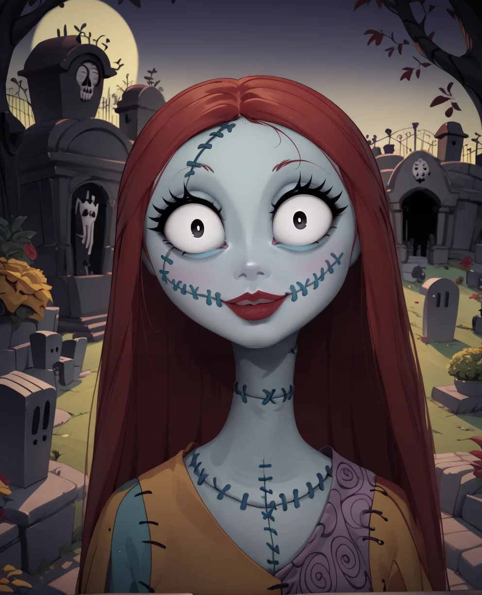 score_9,score_8_up,score_7_up,
Sallyxl,colored skin,stitches,long red hair,stitched face,lips,black eyes,small pupils,large eyes,
dress,smile,looking at viewer,
standing,upper body,garden,
yellow moonlight,graveyard, trees,night,
<lora:Sally:1>,