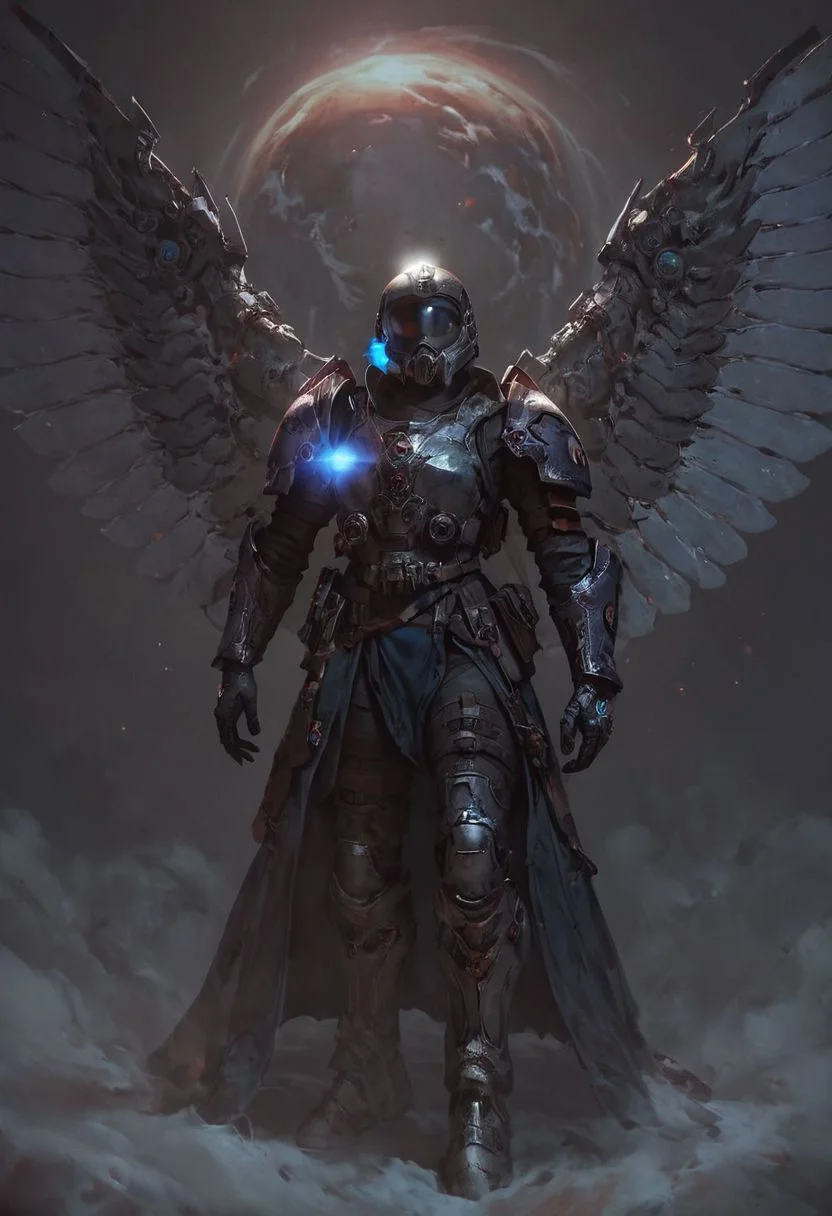 score_9, score_8_up, score_8_up, female Sci fi knight, sci fi armor, glowing sword blue, space armor, visor, space mask, steel, tall, full helmet, glowing parts, tunic, sci fi sleek helm, starlord, tunic, wings, metal wings