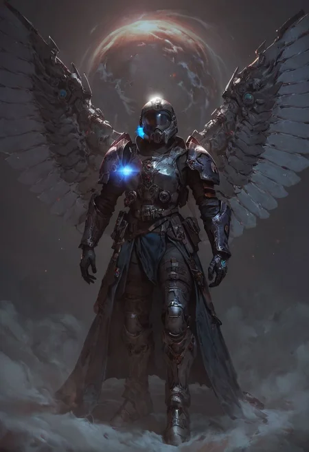 score_9, score_8_up, score_8_up, female Sci fi knight, sci fi armor, glowing sword blue, space armor, visor, space mask, steel, tall, full helmet, glowing parts, tunic, sci fi sleek helm, starlord, tunic, wings, metal wings